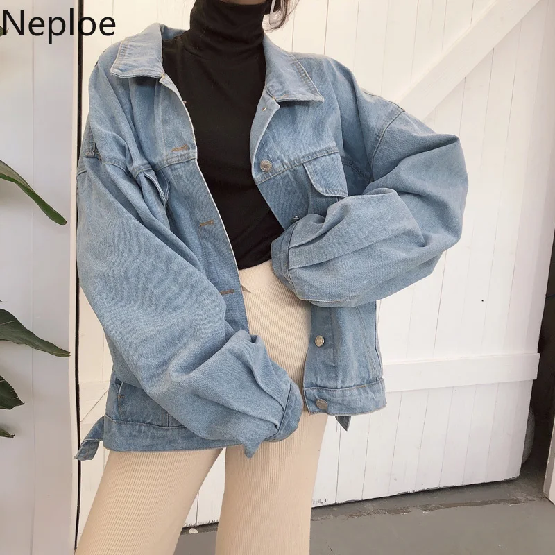 Neploe, корейские новинки, свободные, Ретро стиль, студенческие джинсовые куртки, модные, с воротником поло, с принтом, casoco feminino, куртка, осень 45601