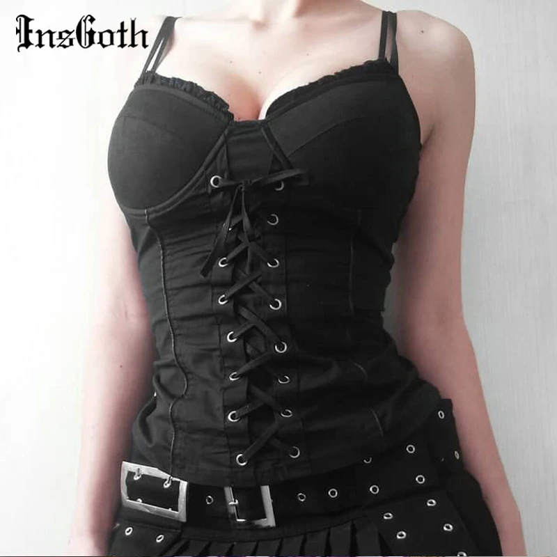 Женский облегающий Топ InsGoth черный топ на бретельках с открытой спиной винтажный