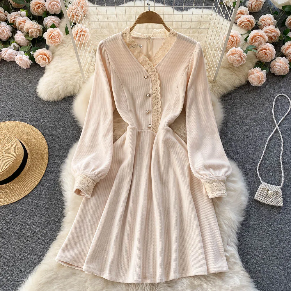

C453 Women's New Fashion Autumn Winter Lace V-neck High Waist Elegant Lady A-line Short Dress Solid Color Vintage Vestidos