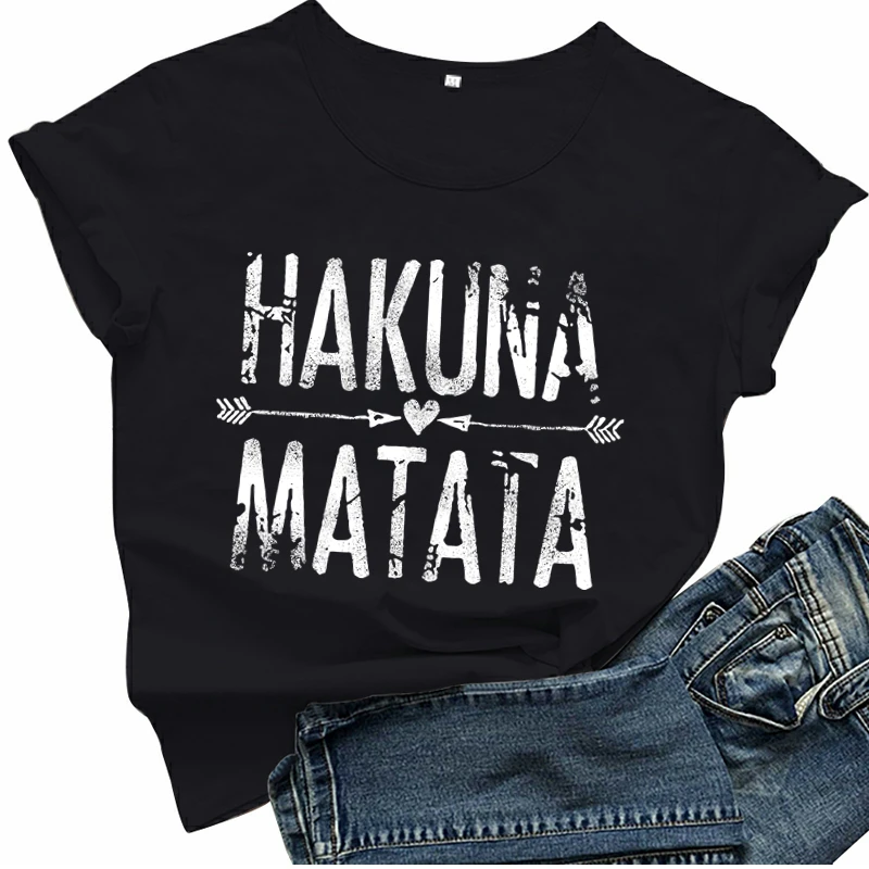 

Hakuna Matata Letters Print 2021 Women Fashion Clothing Causal Loose Plus Size Tops Streetwear Hip Hop Black White Green Tshirt