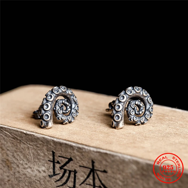 

New 925 Sterling Silver Octopus Tentacles Retro Creative Hip-hop Men and Women Punk Earrings Personality Trendy Couple Earrings