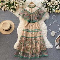 new summer women vintage dress high quality runway designer mesh flowers embroidery ruffles slim long dress