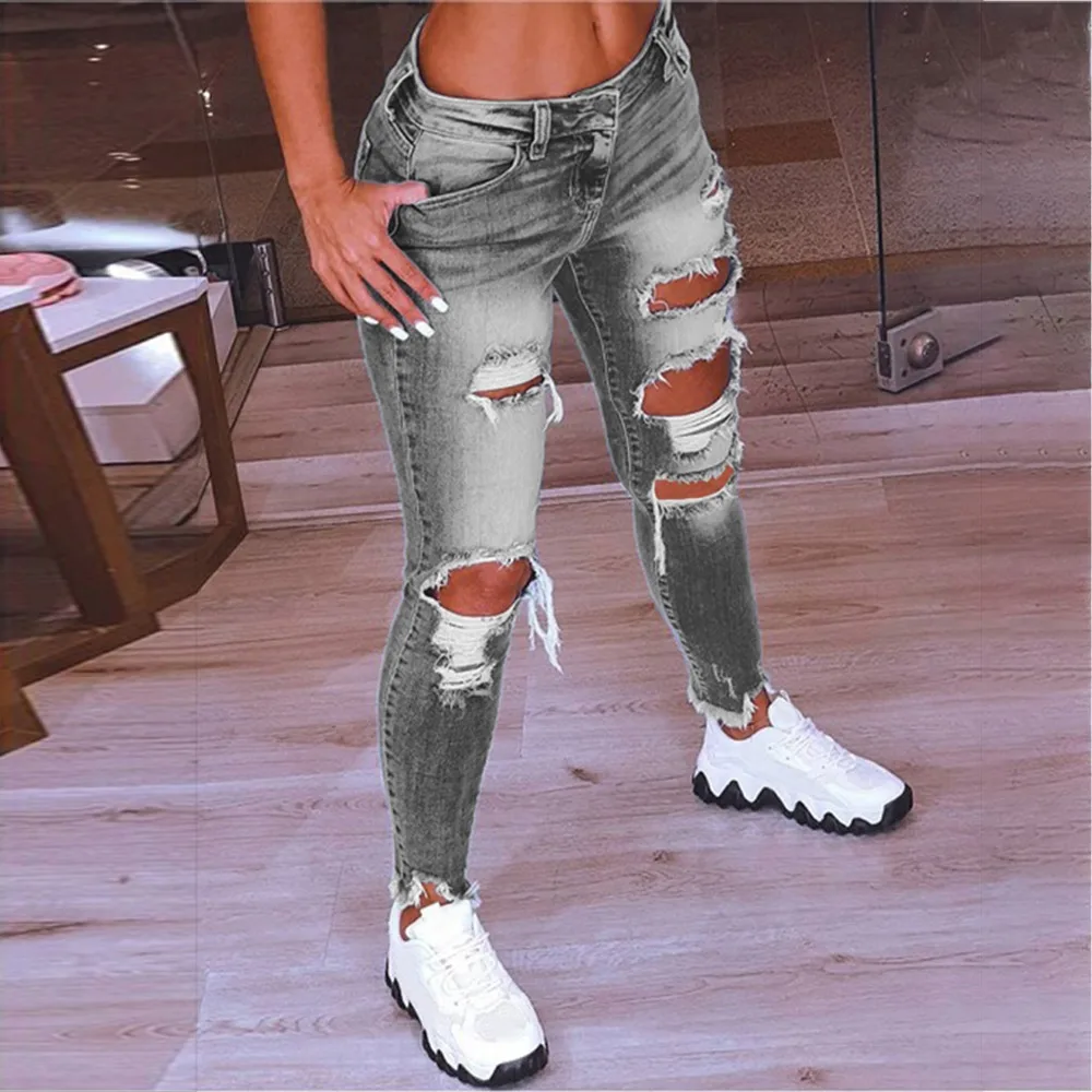 

Drawstring Denim Jeans For Women Ripped Hole Stretch Jean Ladies Plus Size Full Length Pencil Pants High Waist Trousers Pants
