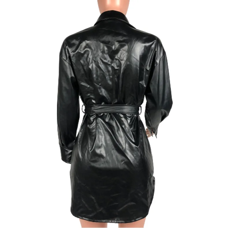 

Women's Leather Long Sleeve Dress High Waisted Belt Faux PU Women Dresses Autumn Clothes Single Breasted Club Wear Dress