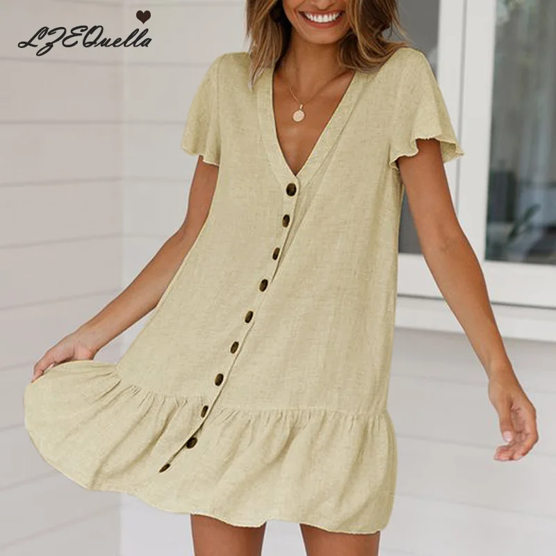 Женское платье-рубашка lzequeella однотонное винтажное с коротким рукавом и
