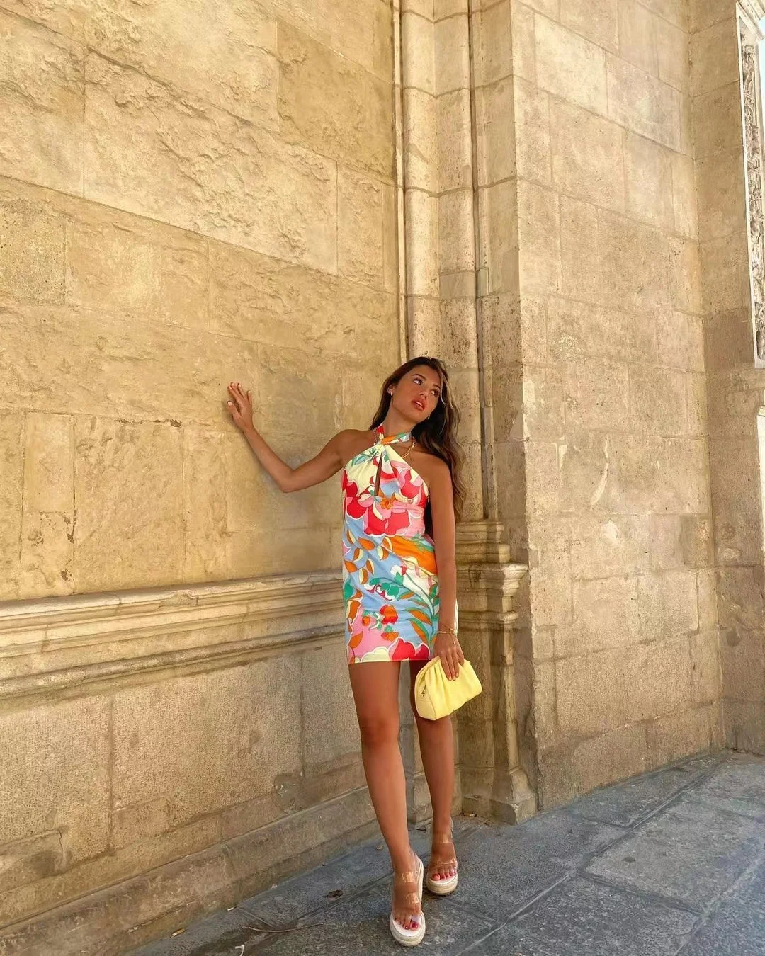 

2021 Summer Women Print Backless Thin Slim Halter Mini Dress Female Streetwear Vintage dresses Ladies Sleeveless Dress