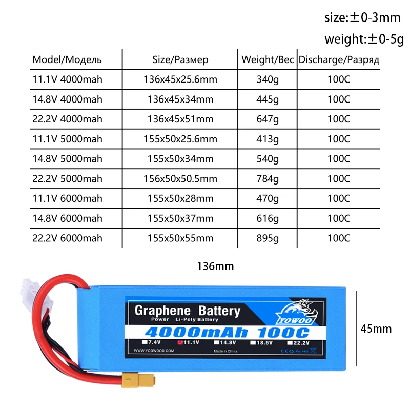 Yowoo-Bater&iacute;a de grafeno Lipo 3S 4S 6S, 11,1 V, 14,8 V, 22,2 V, 2200mah, 5000mah, 6000mah, 3000mah, XT60, XT90, EC5, 100C, piezas de coche de avi&oacute;n a control remoto-1