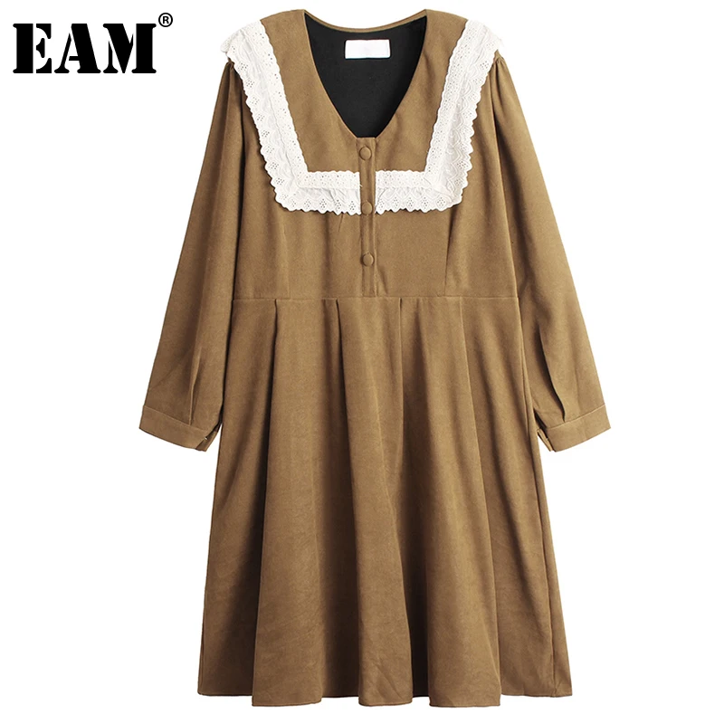 

[EAM] Women Yellow Lace Big Size Long Dress New Peter Pan Collar Long Sleeve Loose Fit Fashion Tide Spring Autumn 2022 1DE5838
