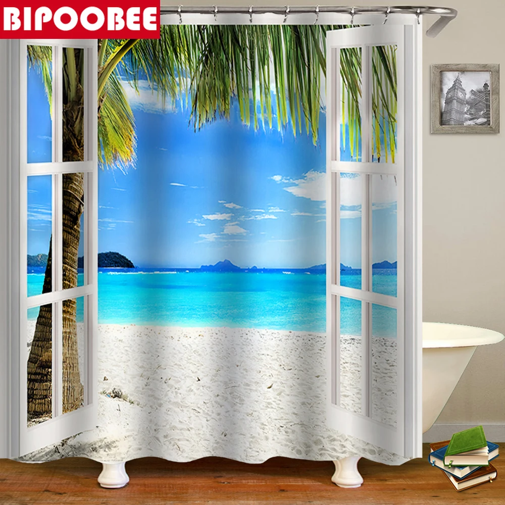 Seaside Resort Bathroom Set Beach Coconut Tree Pattern Shower Curtains Bath Rugs Mats Pedestal Non Slip Carpet Partition Curtain | Дом и сад