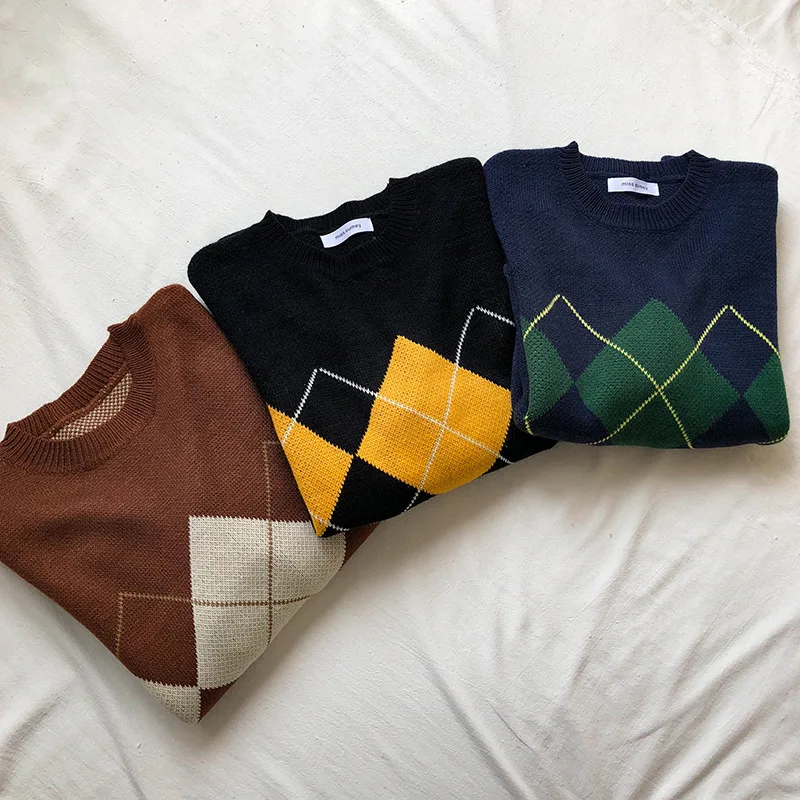 

Korean College Style Autumn Winter Geometric Pattern Argyle Pullovers Loose Oversized O-Neck Knitted Sweaters Woman Jumper Mujer