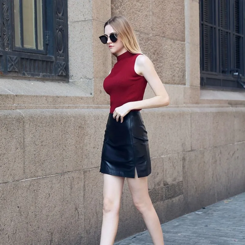 

Fashion 2021 100% Real Leather Sheepskin Mini Skirts Womens Streetwear A-Line Wrap Skirt Black Office Lady Black Skirt S-3XL
