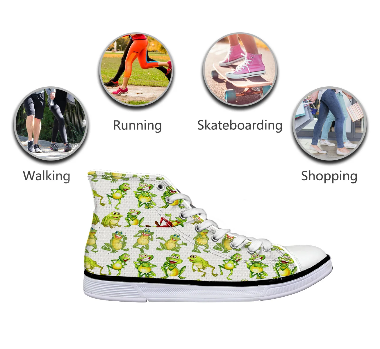 WHEREISART/Женская парусиновая обувь Мультяшные лягушки высокая флэтс унисекс