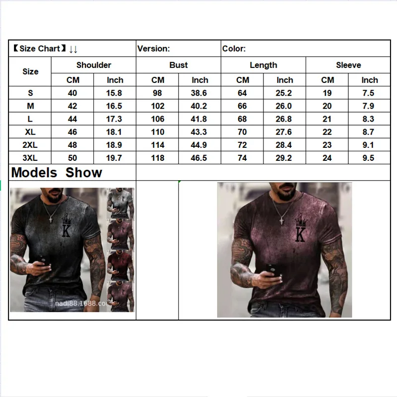 

YILINHAN European and American Fashion Men's Summer Loose Round Neck Poker K Gradient Printing Short-sleeved T-shirt Top 2021