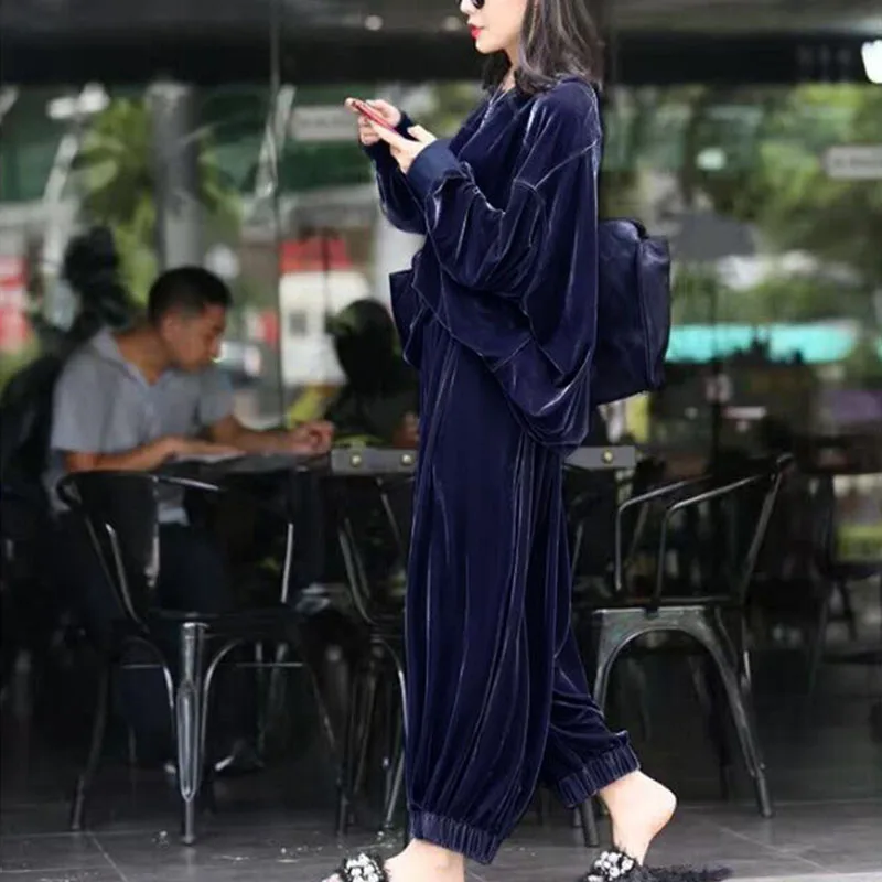 

2021 Golden Velvet Female Women Two Piece Outfits Autumn Loose Bat Sleeve Clothes Wide Leg Pants Korea Fashion Lounge Wear