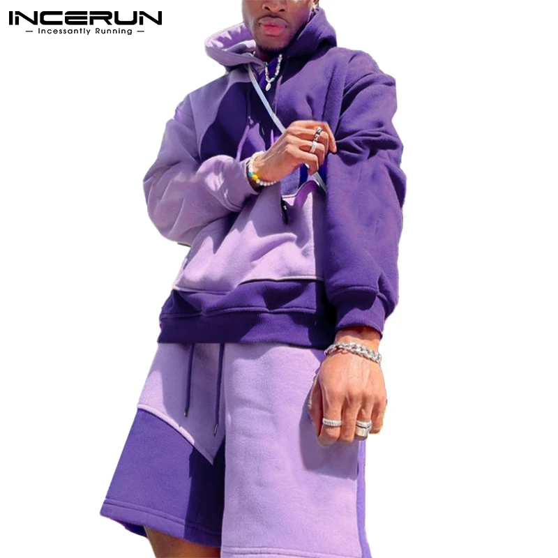 

Men Sets Patchwork Hooded Long Sleeve Sweatshirt & Shorts 2 Pieces 2021 Streetwear Workout Fashion Men Casual Suits INCERUN 7