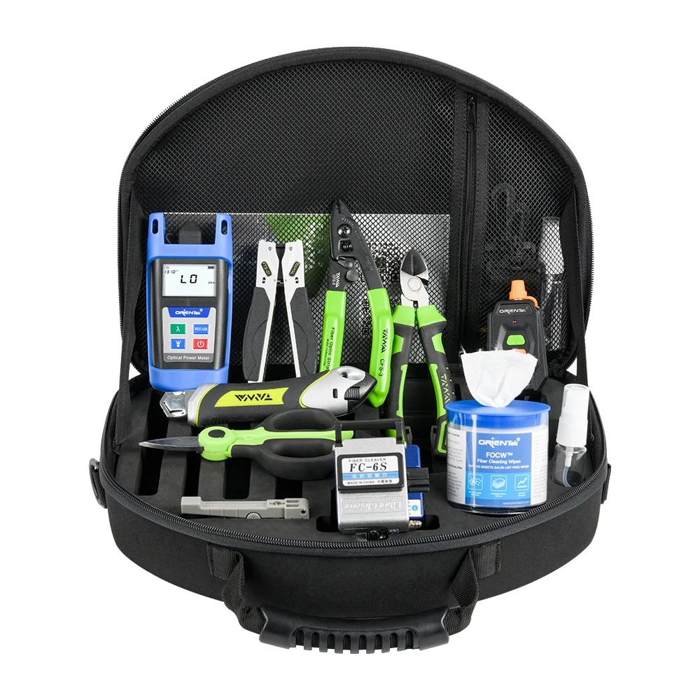 

Orientek TFH-12E TFH-63D High Quality Fiber Optic FTTH FTTX Testing Tool Kits with VFL Power Meter FIber Cleaver