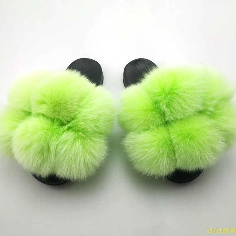 

Women Large Fur Ball Slides Custom Extra Fluffy Full Fox Fur Sandals Wholesale Luxury Summer Real Fox Fur Slippers Women Natural