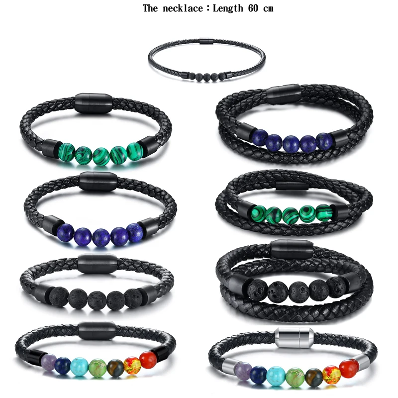 

Titanium Steel Man Chakra Jewelry Wholesale Stainless Steel Men's Black Leather Volcanic Beaded Braclets Stone Leather Bracelets