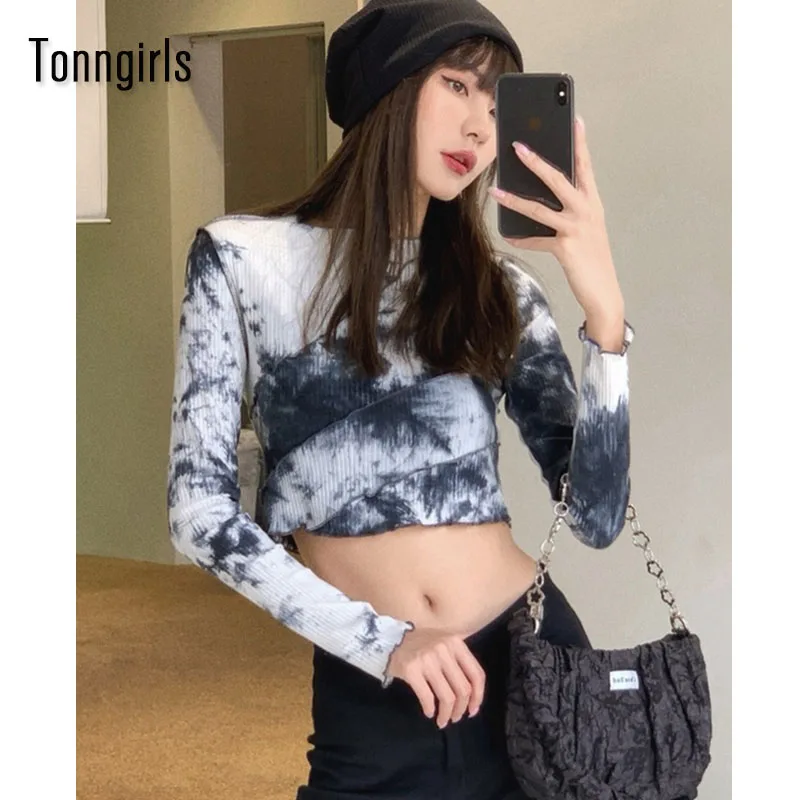 

Tonngirls Harajuku Tie Dye Crop Top Long Sleeve Sexy Slim T Shirt Women Korean Style Chic Patchwork Tee Shirts Streetweaar Egirl