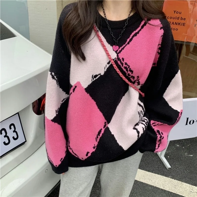 

Lattice Style Pullover Women's Autumn and Winter Loose Laid-back Style Knitwear Early Autumn Korean