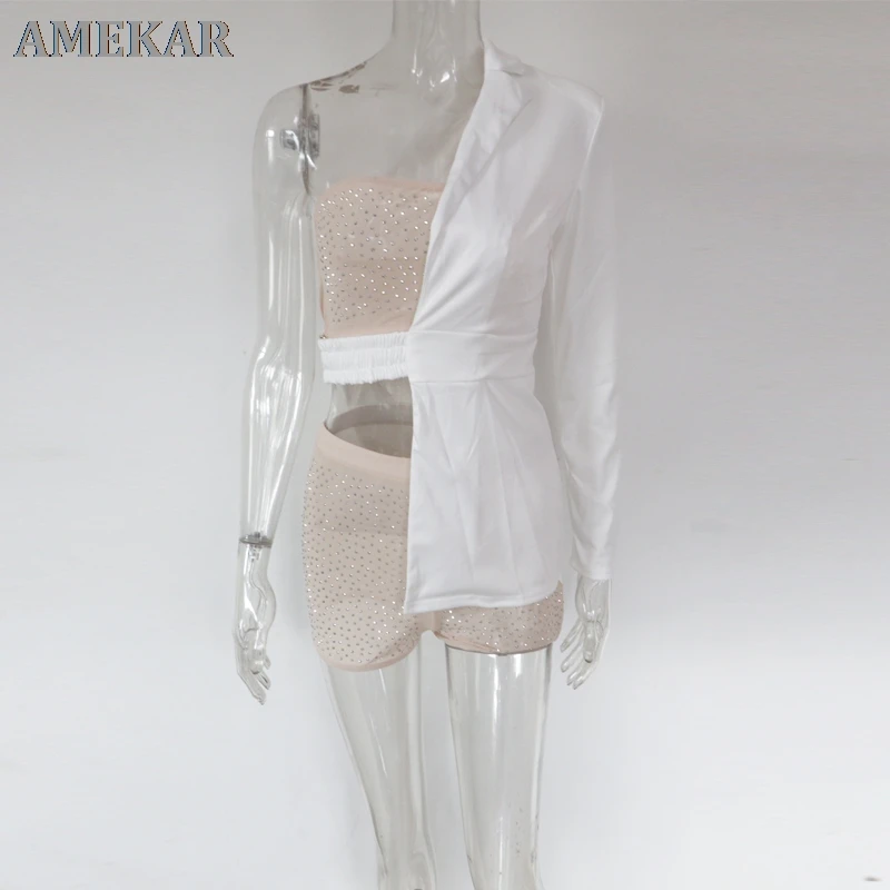 

Beautiful Crystal Shorts Set And Cut Out Jacket Womens Elegant Formal Suits Work Wear Special Occasion Outfits Clubwear