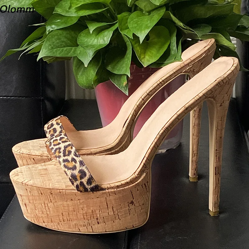 

Женские босоножки без задника Olomm, искусственная замша, туфли на шпильке, открытый носок, леопардовые, летняя повседневная обувь, большие ра...