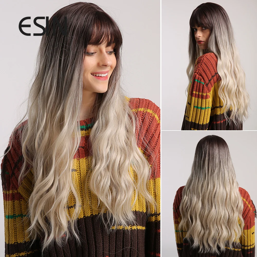 ESIN розовые синтетические волосы парики с челкой длинный волнистый парик для