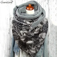 2021 new art skull floral print pumpkin warm scarf for women square scarves with button clasp woman neck warmer shawl wraps