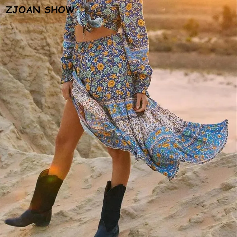 

2021 Bohemia Blue Floral Print Midi Skirt Spliced Ruched Ruffle Hem Hippie Women Tassel Bow Elastic Waist Swing Skirts Holiday