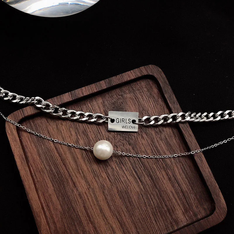 Stainless Steel Choker Necklace for Women Letter Engraved Nameplate Charm Chocker Girls Pearl Pendant Statement Jewelry | Украшения и