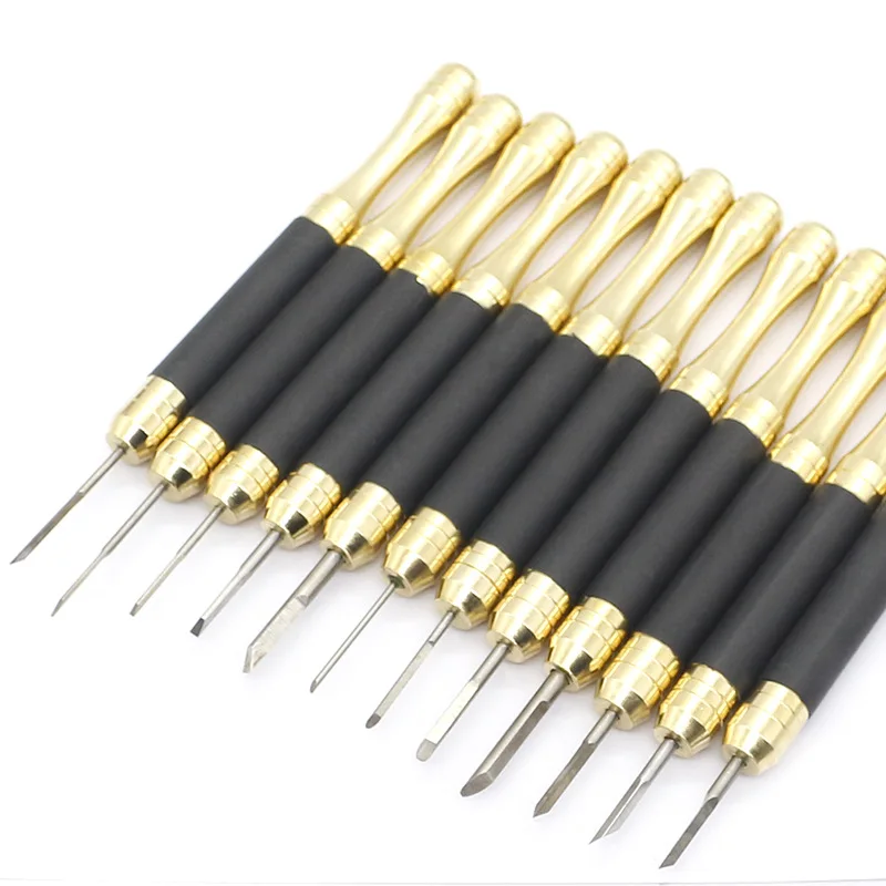 Brass Handle Carving Knife 12pcs Set Seal Cutter With Holder Sharpen Stone Handheld Cutting Tools |