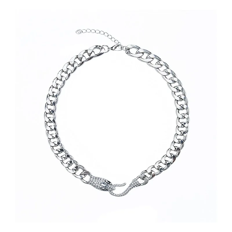 

2021 New Fashion Hip Hop Punk Metal Silver Color Rhinestone Snake Head Chain Necklace for Women Girls Men Cuba Jewellery