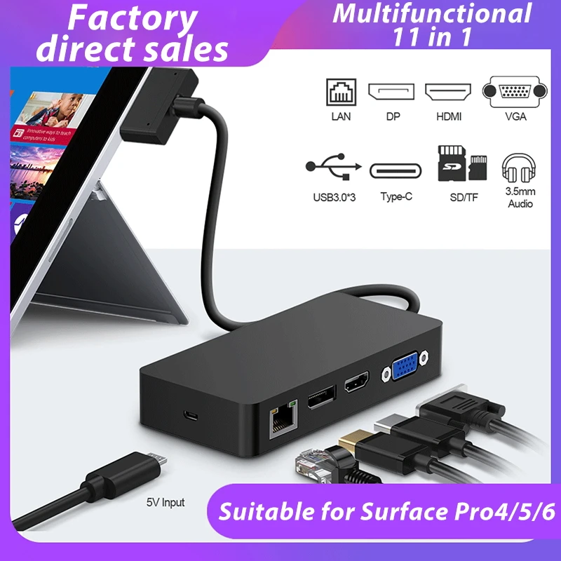 

11 in 1 Multi HUB 4K HDMI-compatible/DP/VGA Gigabit Ethernet adapter SD/TF DocKing Station for Surface Pro 4/5/6 Dock Station