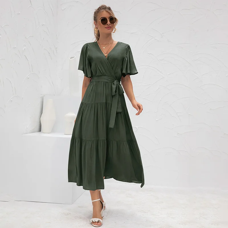 

Solid Color Pleated Bandage Elegant Long Dress Women V Neck Short Sleeve Temperament Streetwear A Line Dresses