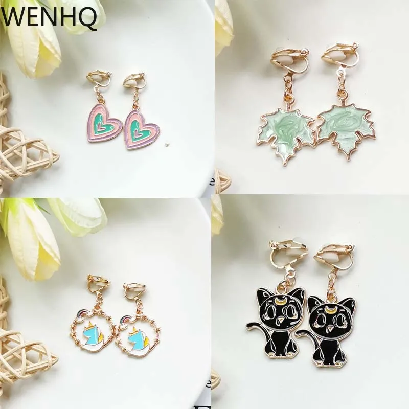 

WENHQ Gold Color Cartoon Enamel Clip on Earrings Fashion Cute Small Flower Animal Cuff Earrings Ear Clip No Ear Hole Earrings