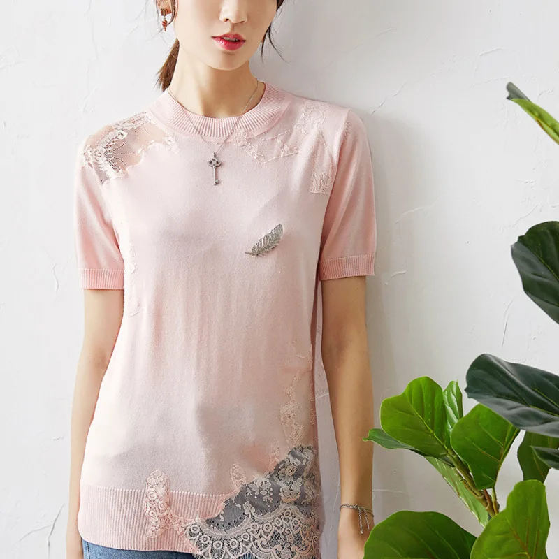 Женский трикотажный свитер с круглым вырезом хлопковая блузка коротким рукавом