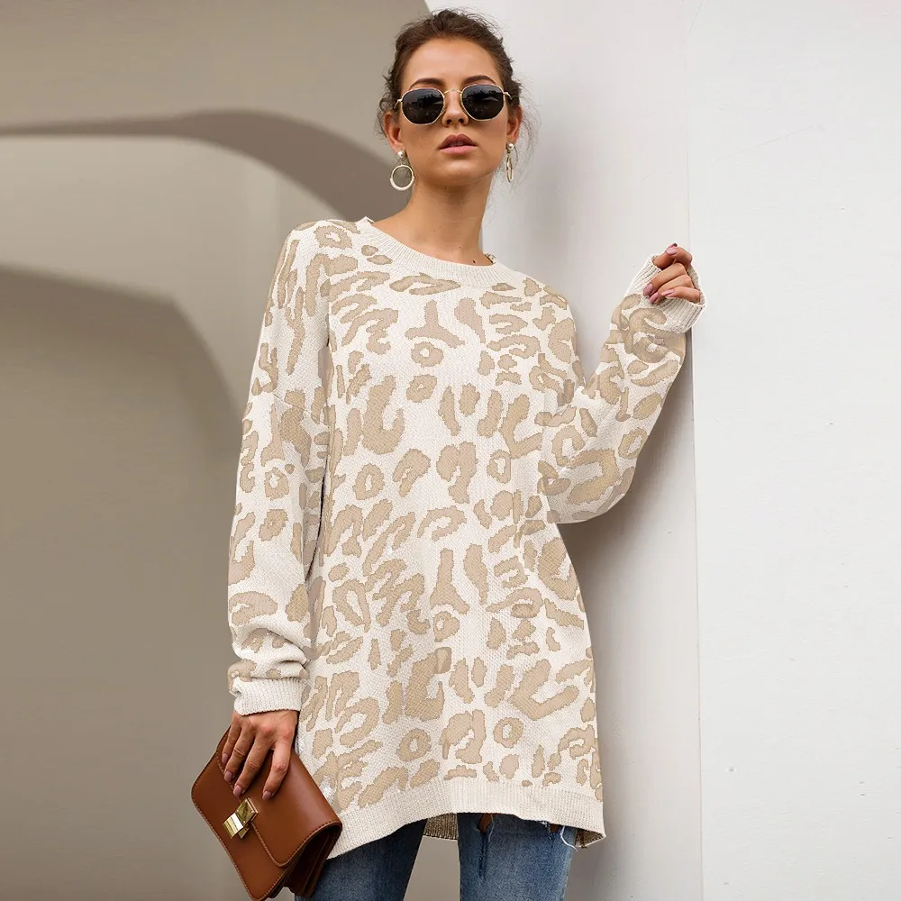 

Pull Long Femme Sweater Women Leopard Print Long Sleeve Crew Neck Knitted Oversized Pullover Winter Sweaters women Plus size