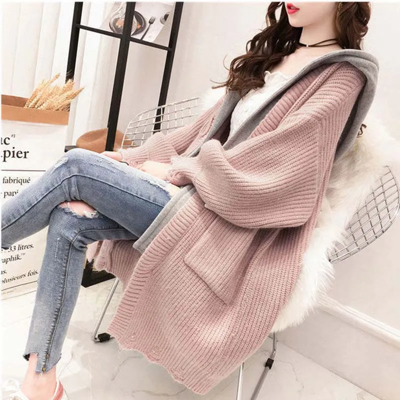 

DAYIFUN Oversized Cardigan Fake Two-pieces Hoodies Long Frayed Hooded Knitted Women's Coat Korean Fashion Chic Winter Clothes