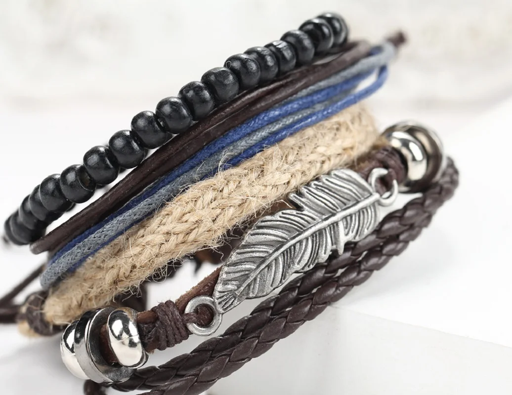 Alloy Leather Bracelet Angel Wing Feather Wooden Beaded Wrap Bracelets | Украшения и аксессуары