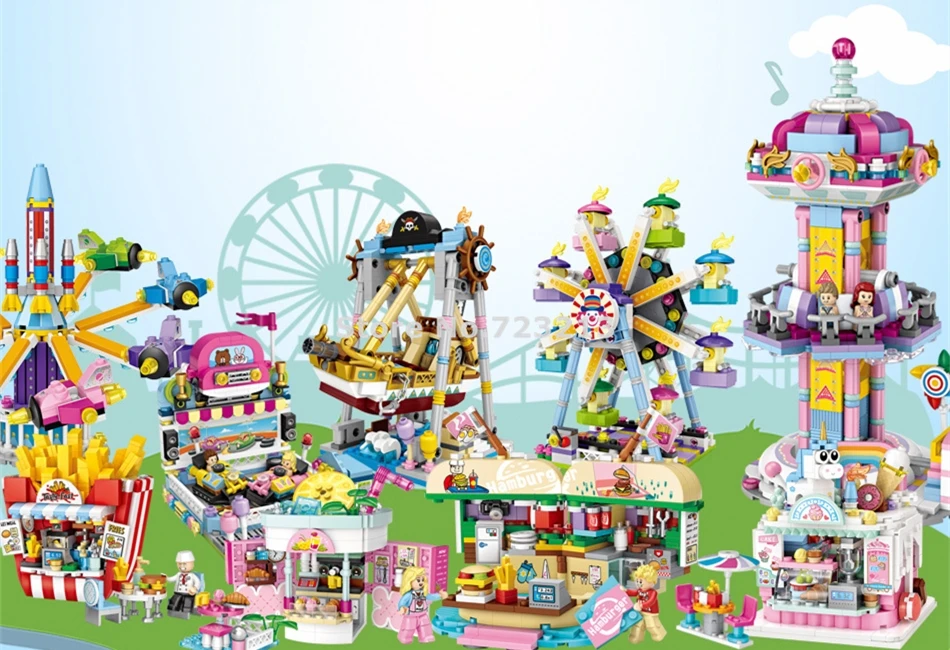 

Одиночная мини-машина для парка развлечений, колесо обозрения, гамбургер, мороженое, карусель, строительные блоки, модели, кирпичи, игрушки