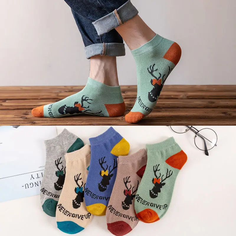 

Spring and Summer Korean Style Cotton Sock Interesting Stitching Pattern A Regular Size Short Socks Unicorn Deer Head Man Socks