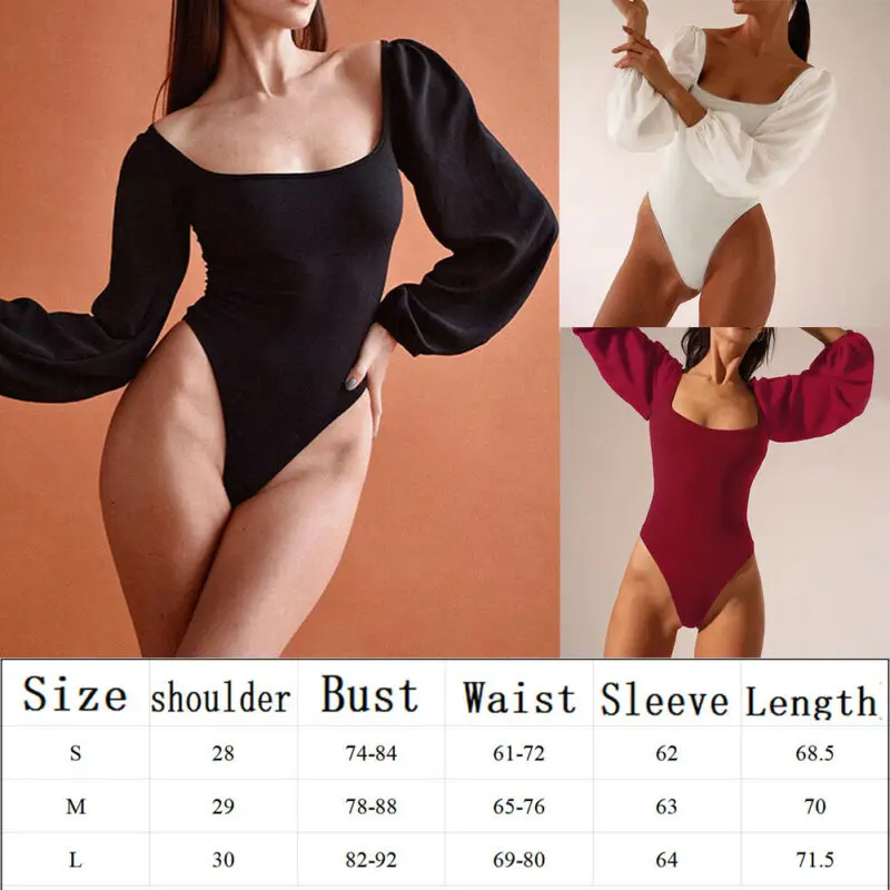 

Sexy Women Long Puff Sleeve Skinny Bodysuit Leotard Slim Bodycon Shirt Blouse Female Romper Top Jumpsuit Overalls Solid Color