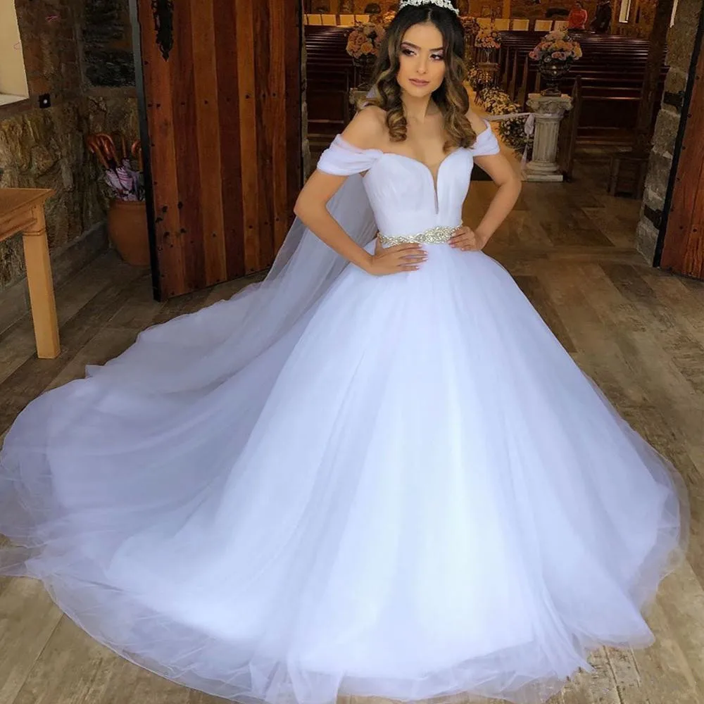 

Gorgeous White Ball Gown Wedding Dresses Off Shoulder Lace up Sash Beads court Train Garden Bridal Gowns vestidos de novia