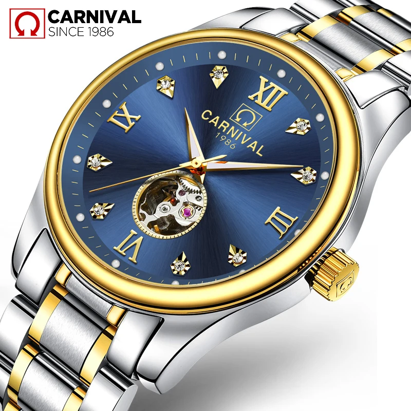 CARNIVAL Brand Fashion Automatic Watch Men Luxury Gold Business Mechanical Wristwatch Waterproof Hollow Clock Relogio Masculino