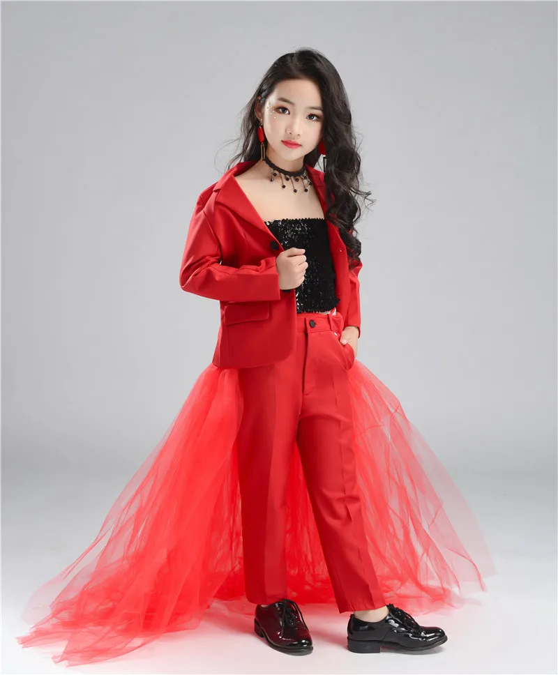 

Комплекты для детей красный костюм для свадебной вечеринки, дня рождения блейзер + штаны + обшитая блестками обхватная грудь + комплект со шл...