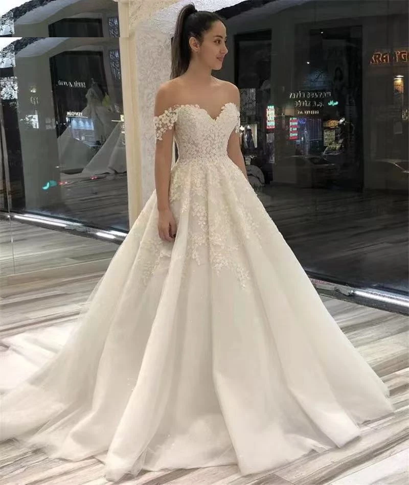 

Wedding Dresses Off The Shoulder Sweep Train Tulle Lace Applique Wedding Bridal Dresses With Lace Up Back vestido de noiva