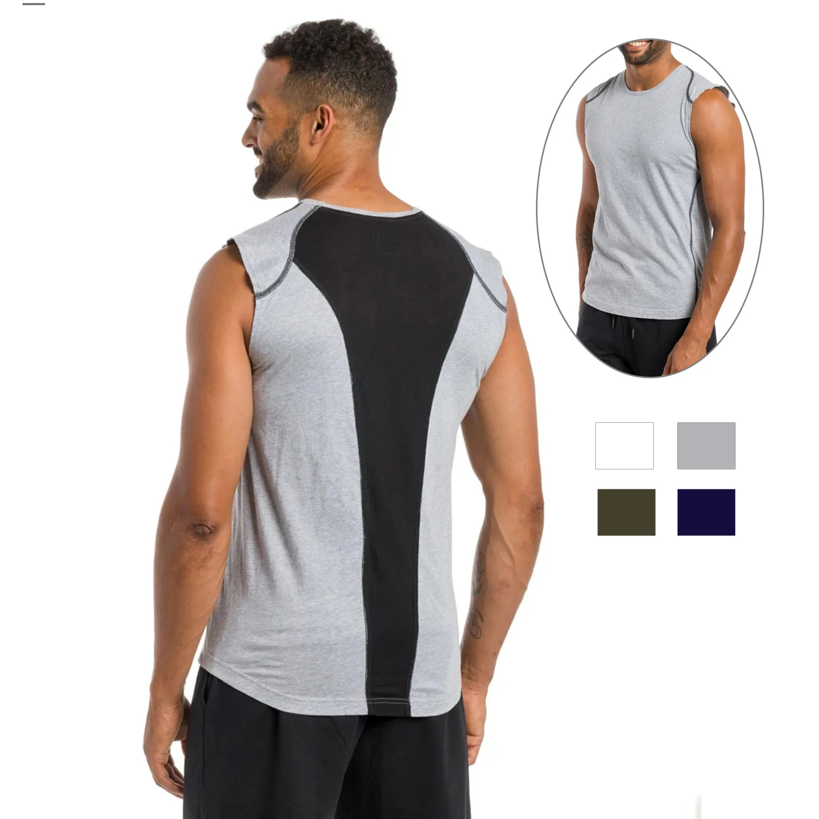 

Mens Sleeveless Vest Fashion Loose Cotton Crew Tank Top Stitching Contrast Color Training Sport Gym Fitness Casual Tees Tops New