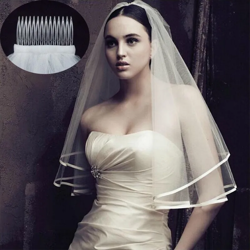 Simple and Elegent Wedding Veil Bridal Tulle Veils with Comb Lace Ribbon Edge White Ivory |