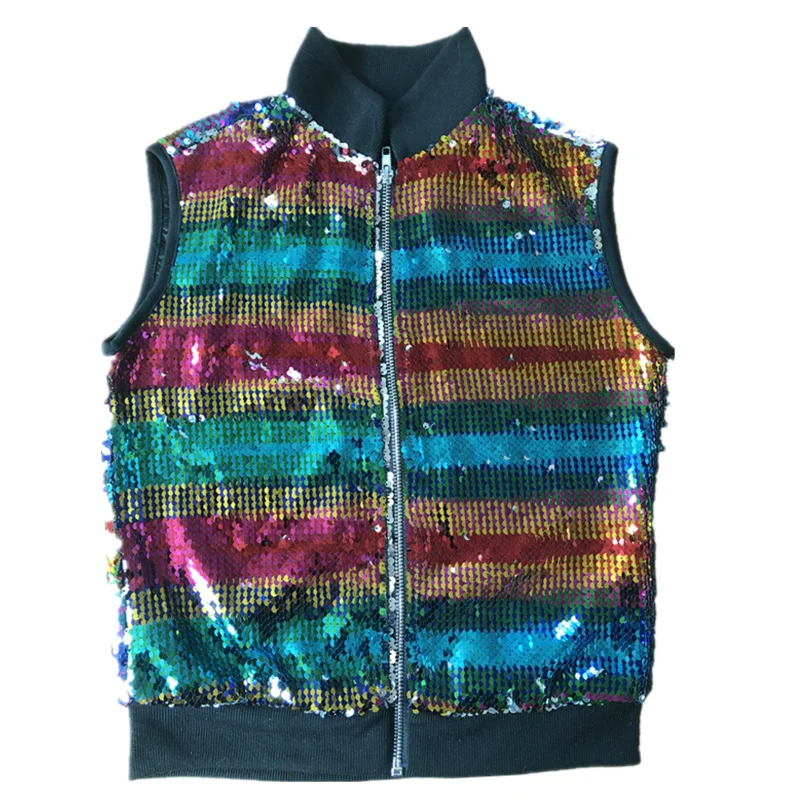 

2021 Jazz Costumes Colorful Sequined Vest Coat Gold Vest Black Pants Boys Street Dance Clothing Children Performance Wear