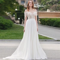 lace boho bohemian wedding dress 2021 hot sale sweetheart short sleeve backless off shoulder chiffon robe de marie princesse